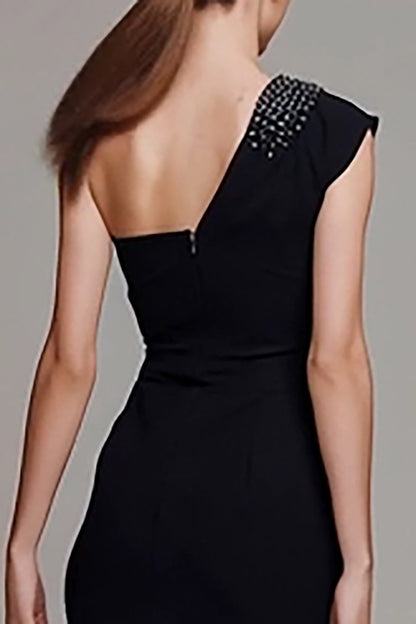 One Shoulder Black Mermaid Long Formal Dress with Beading