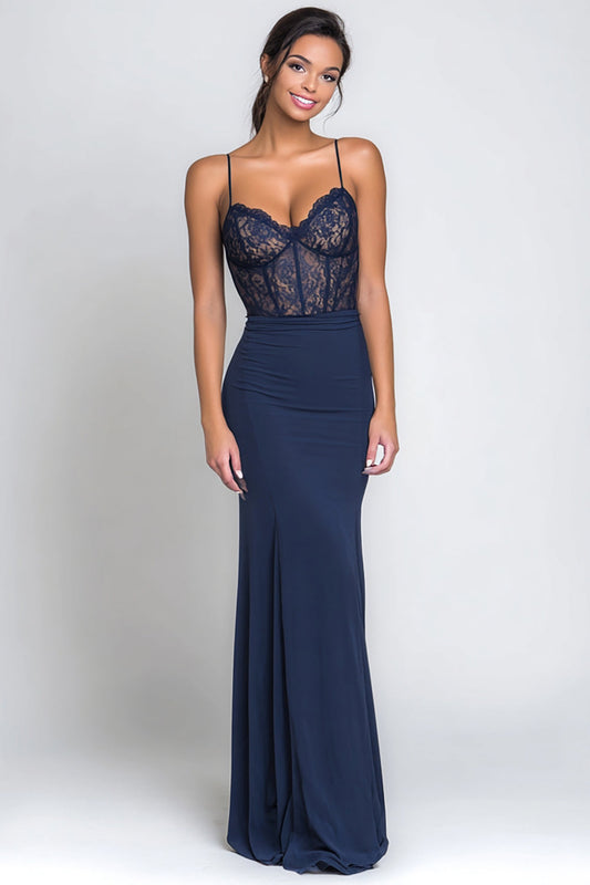 Navy Sheath Corset Spaghetti Straps Long Formal Dress with Lace
