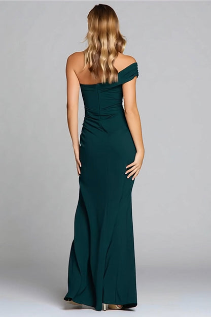 Dark Green One Shoulder Mermaid Formal Dress With Slit