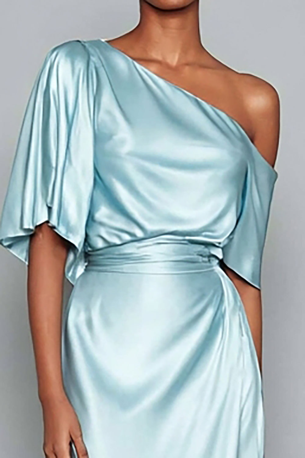 Light Blue Satin One Shoulder Sheath Long Formal Dress with Sleeves