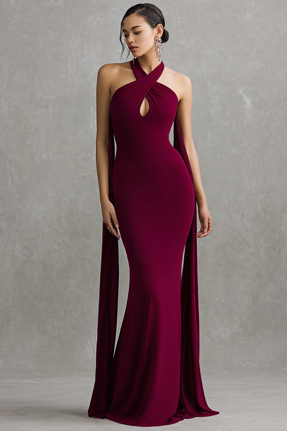 Burgundy Halter Spandex Mermaid Long Formal Dress