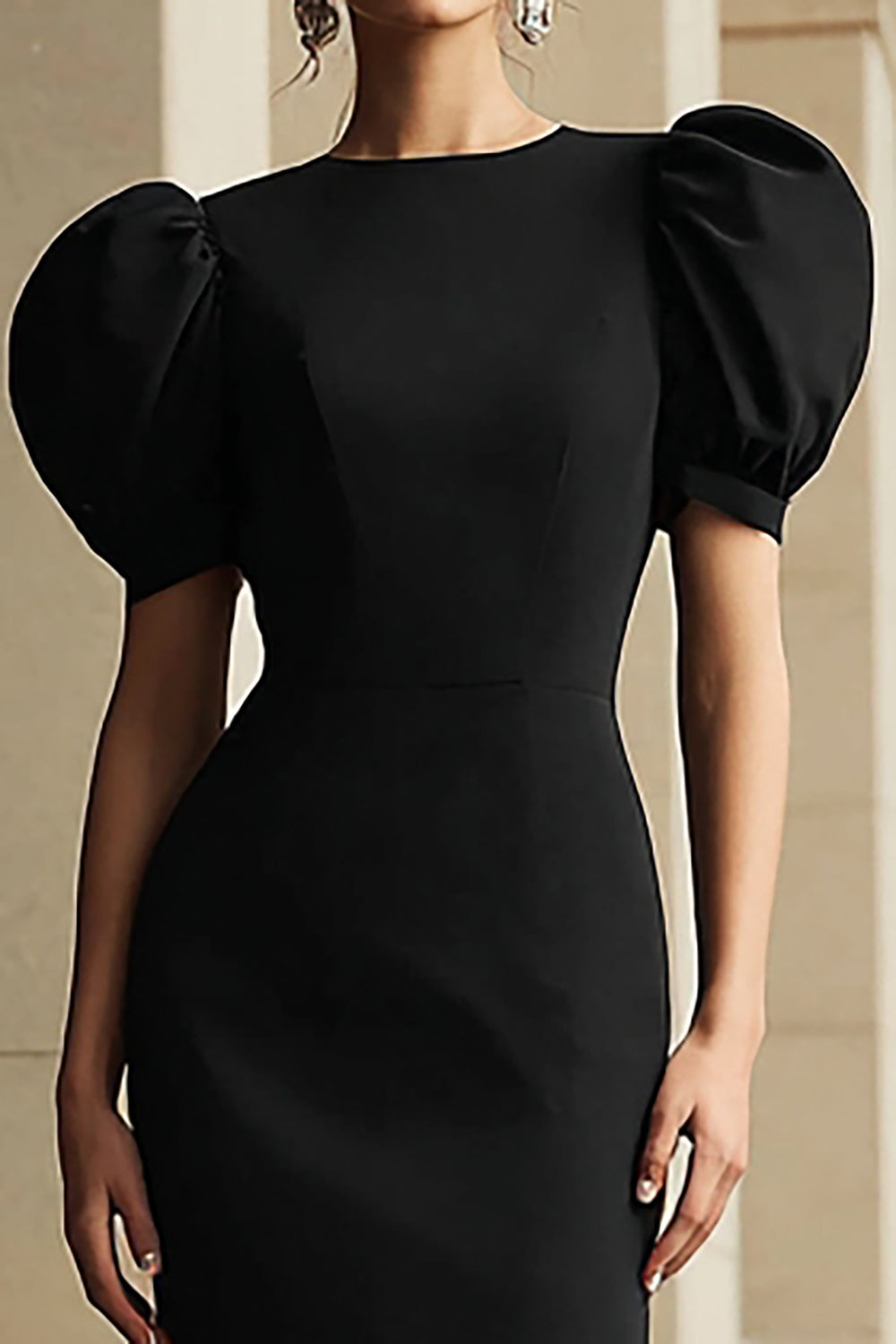 Black Sheath Puff Sleeve Midi Formal Dress