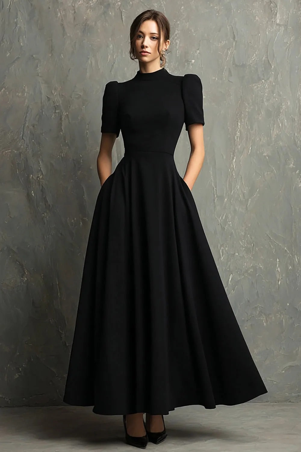 Black High Neck A-Line Long Formal Dress With Pockets
