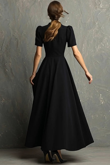 Black High Neck A-Line Long Formal Dress With Pockets