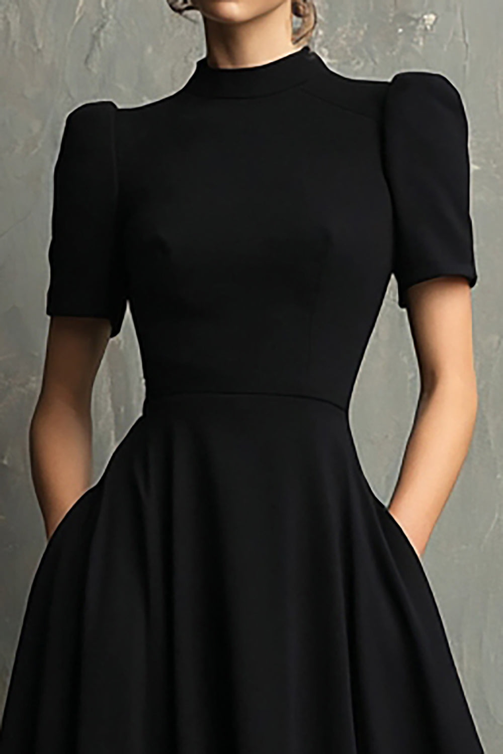 Black Crepe A Line Formal Dress with Short Sleeves