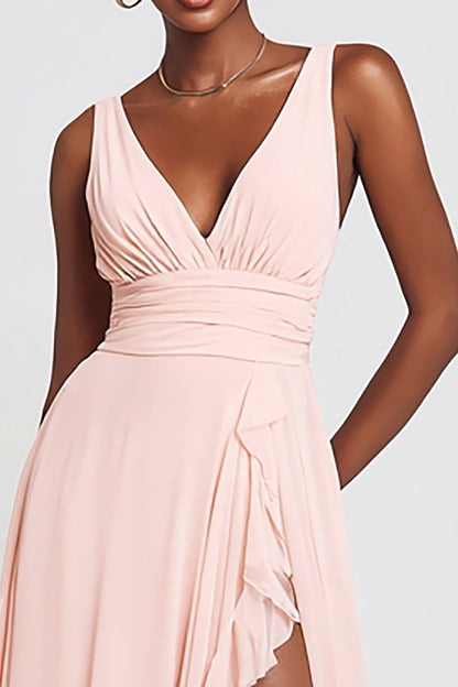 Pink V-Neck A Line Maxi Ruffled Formal Dress