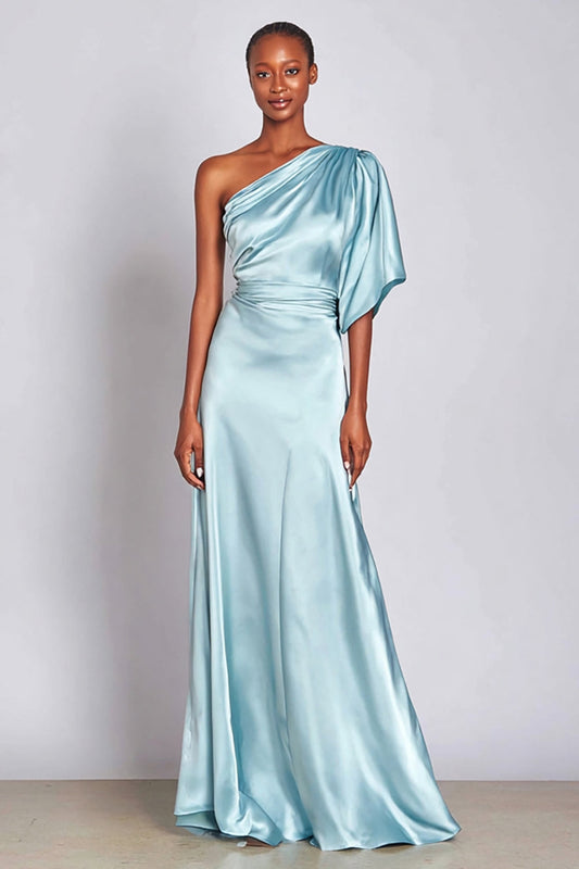 Light Blue Long A Line One Shoulder Formal Dress