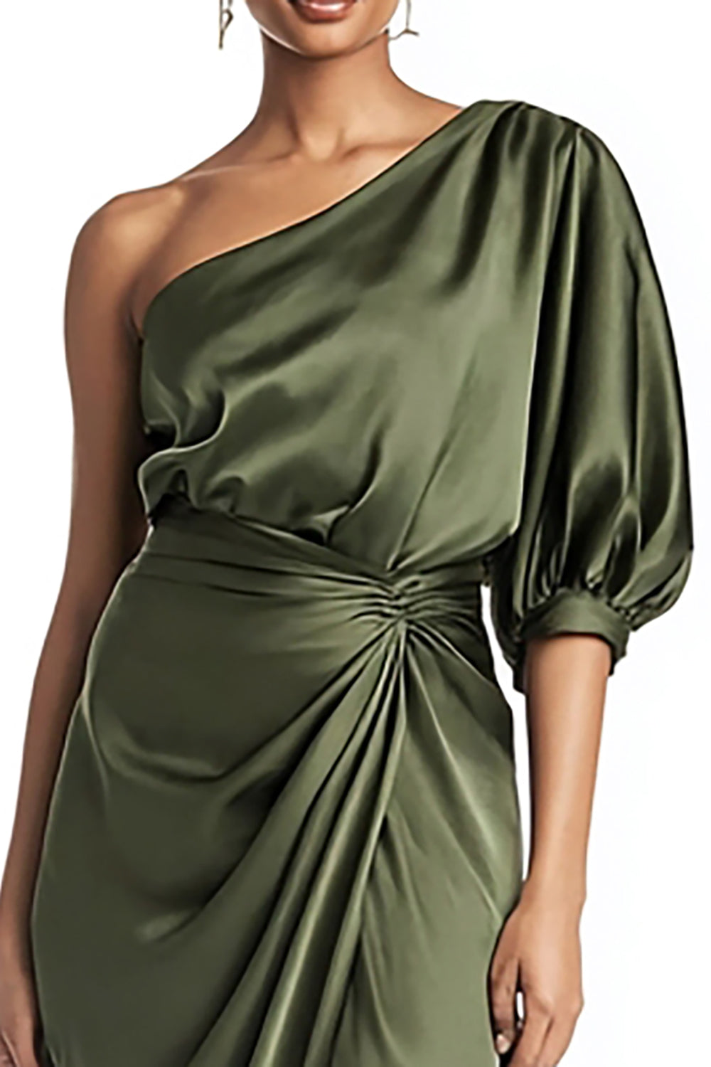 Olive Satin Sheath One Shoulder Midi Formal Dress