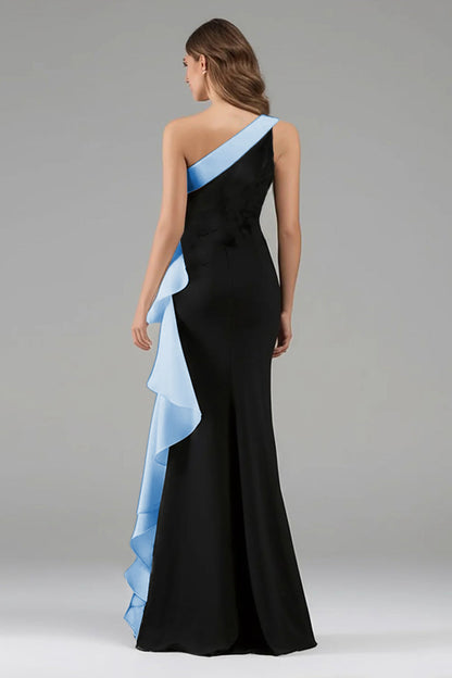Mermaid One Shoulder Black and Blue Formal Dress With Ruffles