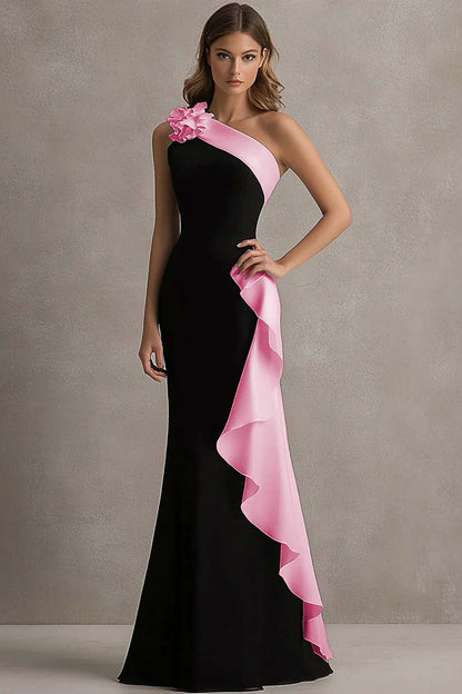 Mermaid One Shoulder Black and Blue Formal Dress With Ruffles