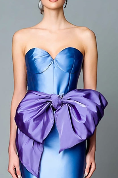 Strapless Blue Mermaid Formal Dress with Bow