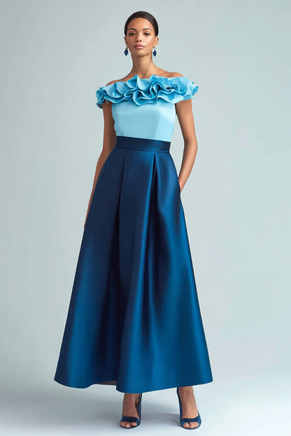 Sky Blue and Dark Blue Off The Shoulder A Line Formal Dress