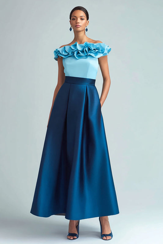 Sky Blue and Dark Blue Off The Shoulder A Line Formal Dress