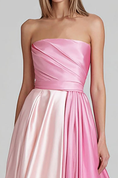 Pink A Line Satin Strapless Patchwork Long Formal Dress