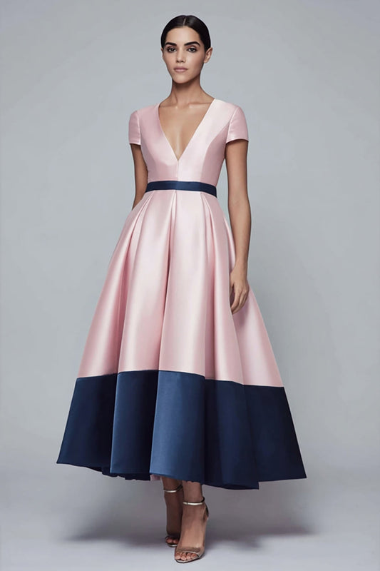 Pink and Navy Satin V-Neck A Line Long Formal Dress with Sleeves