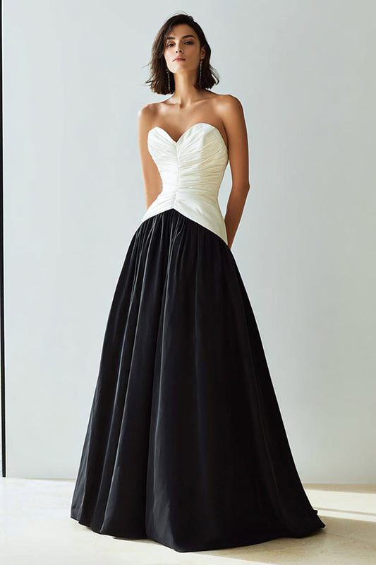 Simple Black and White A Line Sweetheart Long Formal Dress