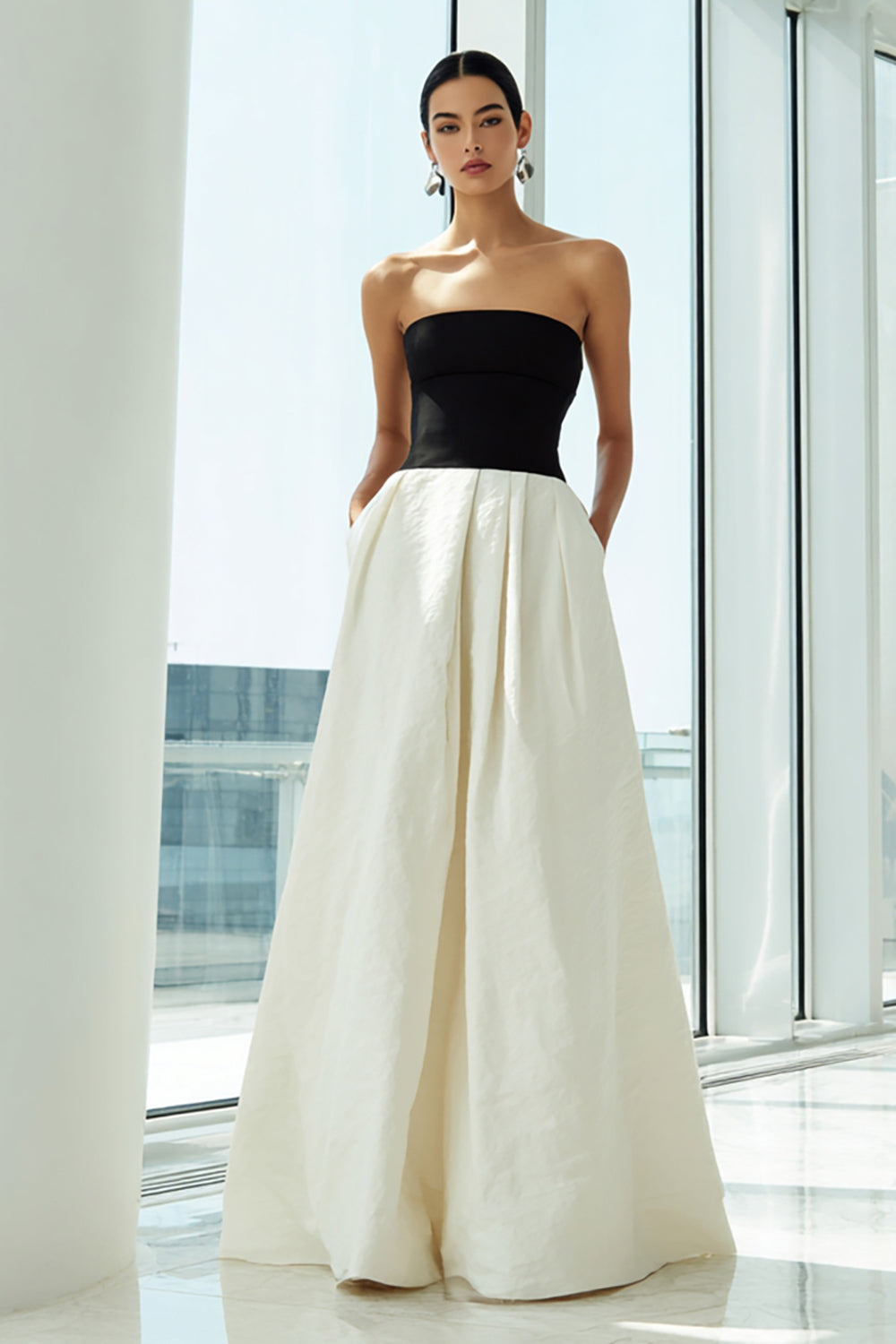 Simple Black and White A Line Strapless Long Formal Dress with Pockets
