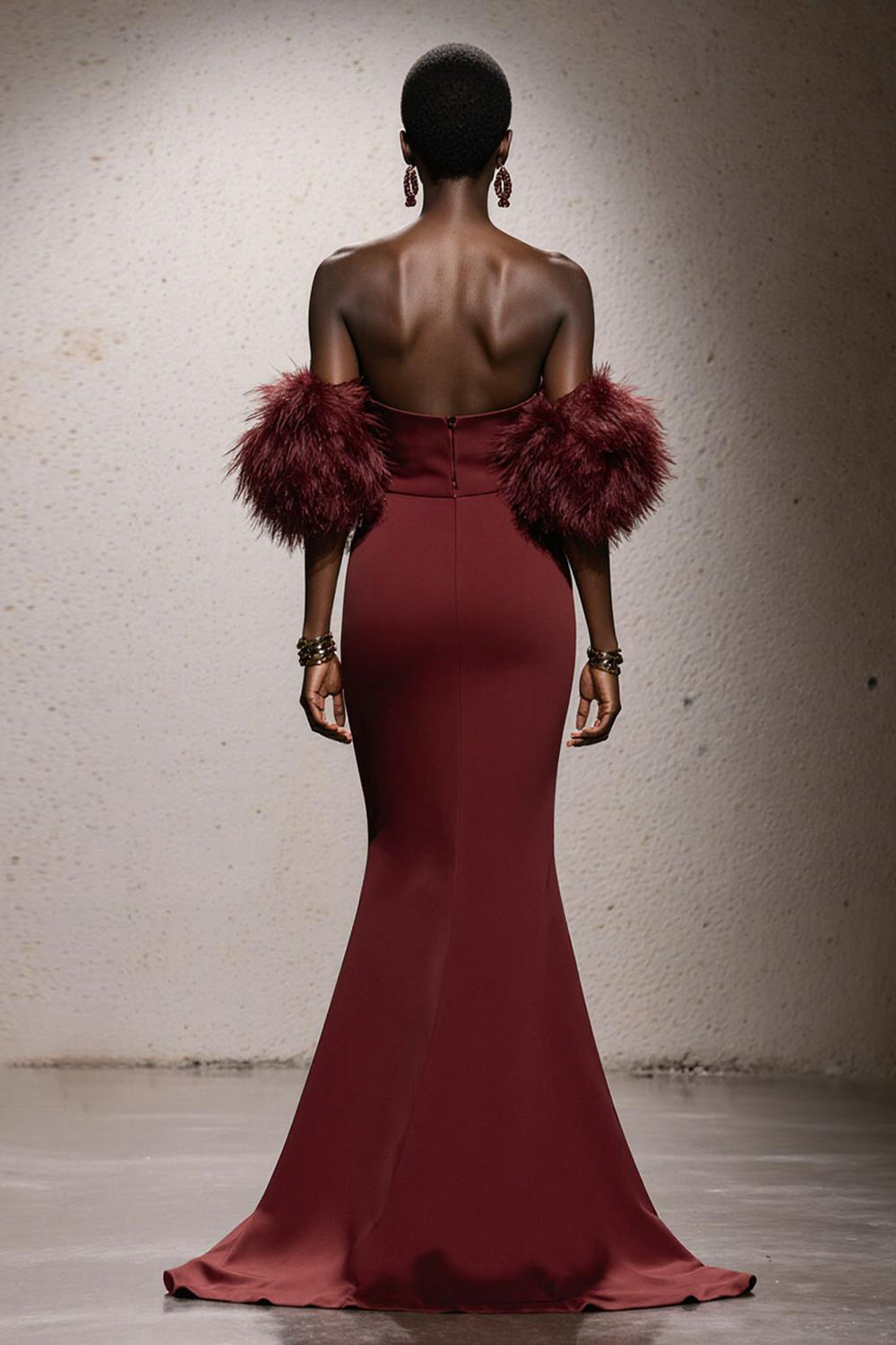 Burgundy Sweetheart Satin Mermaid Long Pageant Dress with Feathers