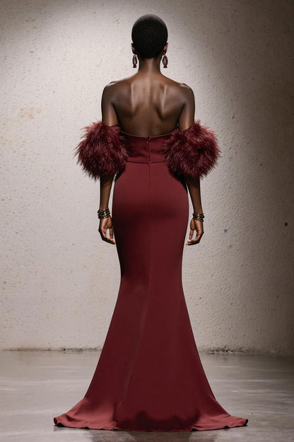 Burgundy Sweetheart Satin Mermaid Long Pageant Dress with Feathers