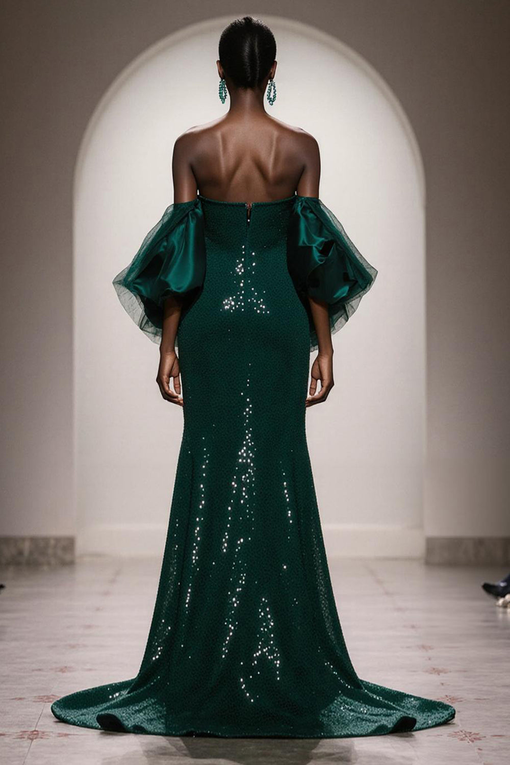 Sparkly Dark Green Strapless Sequin Mermaid Long Pageant Dress with Sleeves