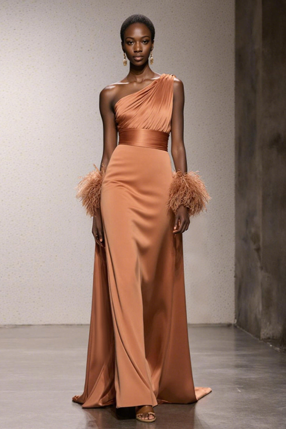 Orange One Shoulder Satin Mermaid Long Pageant Dress with Feathers