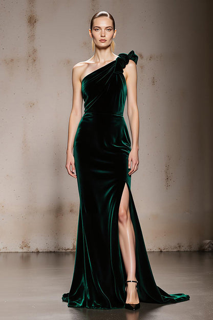 Mermaid Dark Green One Shoulder Velvet Evening Dress With Slit