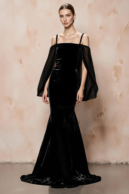 Mermaid Cold Shoulder Black Velvet Evening Dress