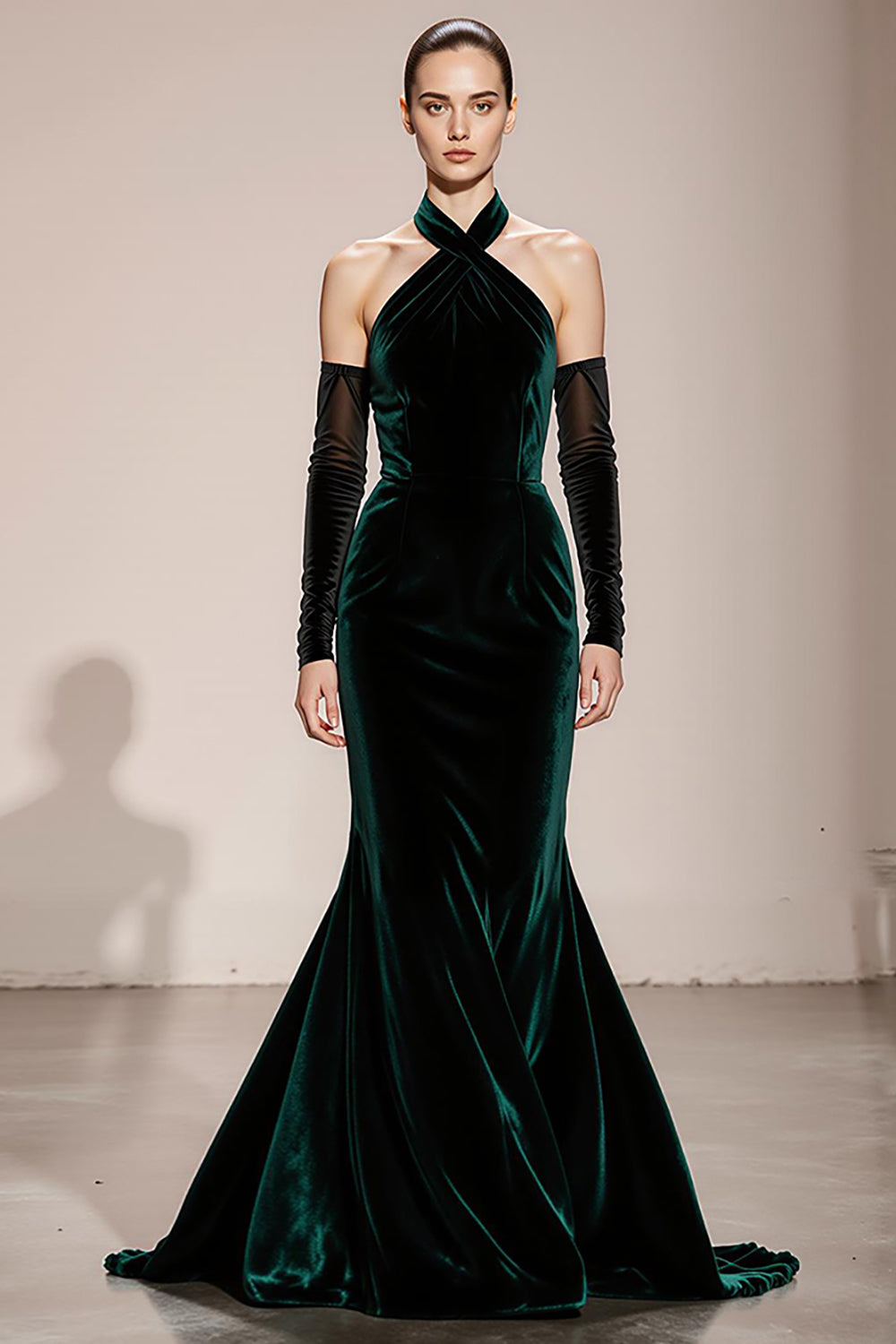 Mermaid Dark Green Halter Velvet Evening Dress