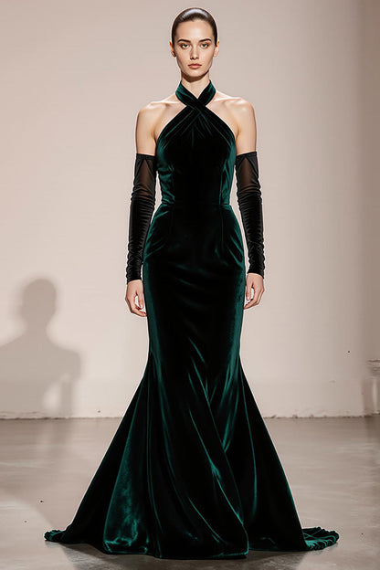 Mermaid Dark Green Halter Velvet Evening Dress