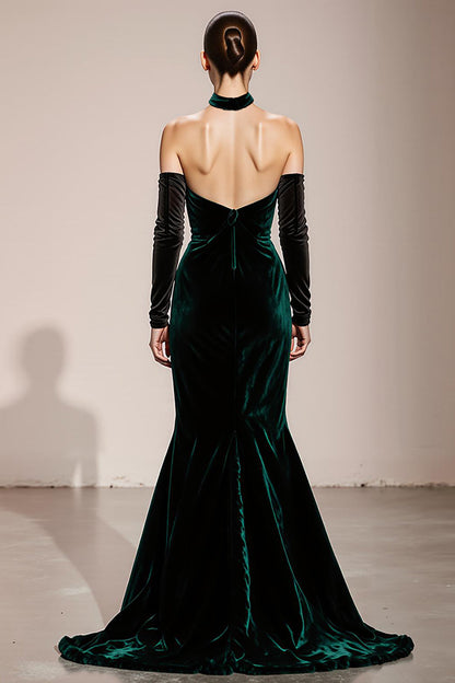 Mermaid Dark Green Halter Velvet Evening Dress