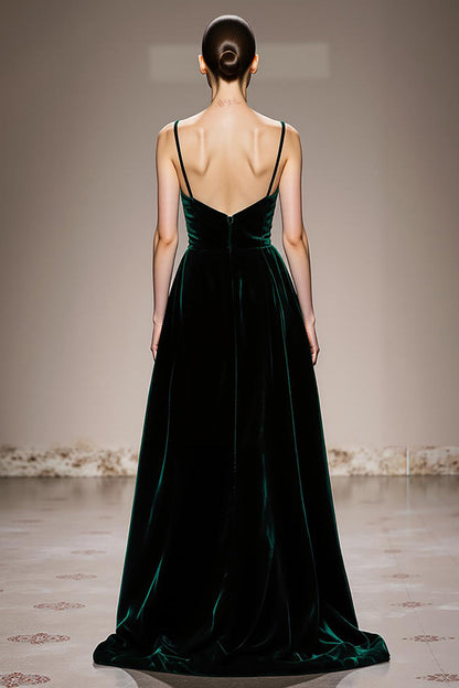 A-Line Dark Green Velvet Evening Dress with Slit