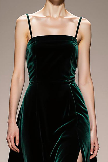 A-Line Dark Green Velvet Evening Dress with Slit