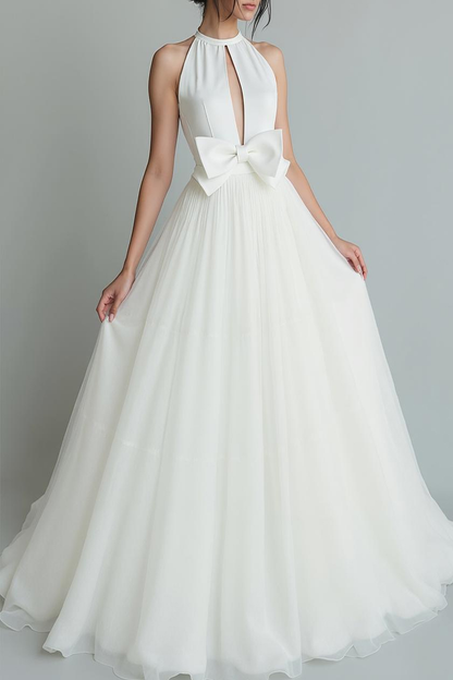 White A Line Organza Bow Crew Neck Long Wedding Dress with Keyhole