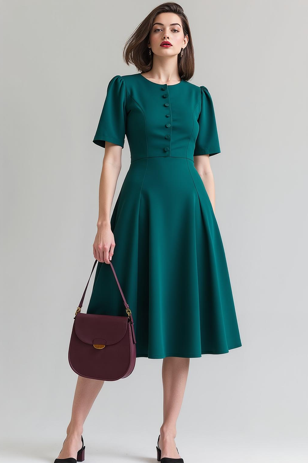 Dark Green Round Neck Short Sleeves A Line Midi Work Dress