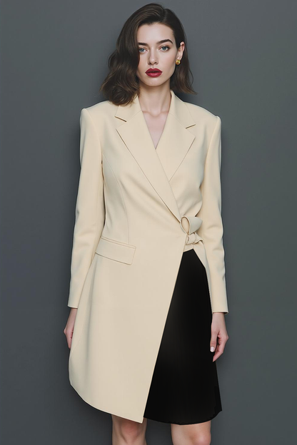 Champagne and Black A Line Notched Lapel Long Sleeves Short Work Dress with Sash