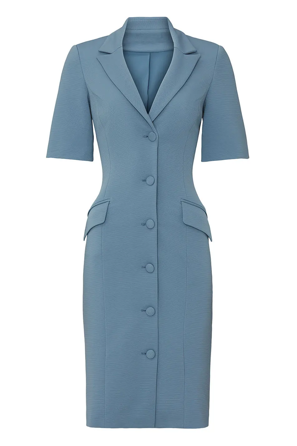 Dusty Blue Pencil Single Breasted Notched Lapel Midi Work Dress with Sleeves