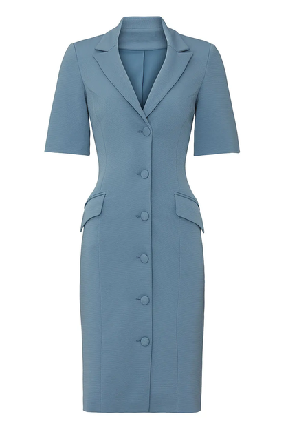 Dusty Blue Pencil Single Breasted Notched Lapel Midi Work Dress with Sleeves