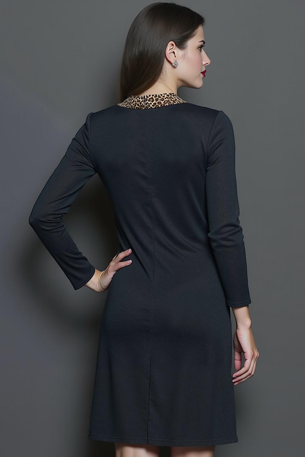 Black Pencil Round Neck Midi Work Dress with Sleeves