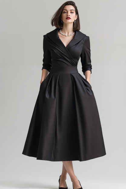 Black Satin A Line Shawl Lapel Work Dress with Pockets