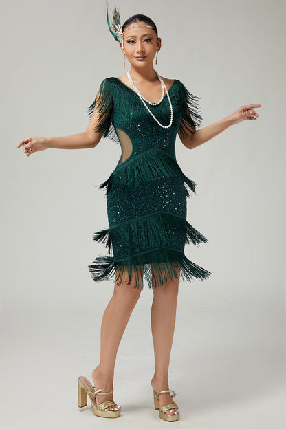 V-Neck Black Tiered Fringed Cut-Out 1920s Dress With Sequins