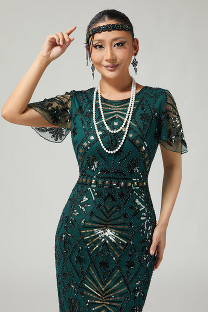 Sparkly Dark Green Pencil 1920s Dress With Fringes