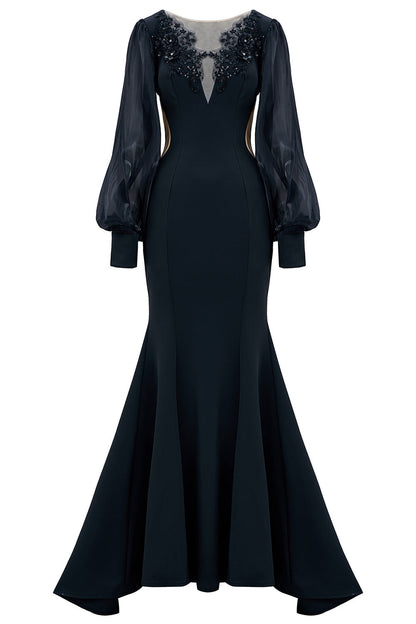 Black Mermaid Long Sleeve Mother of the Bride Dress with Appliques