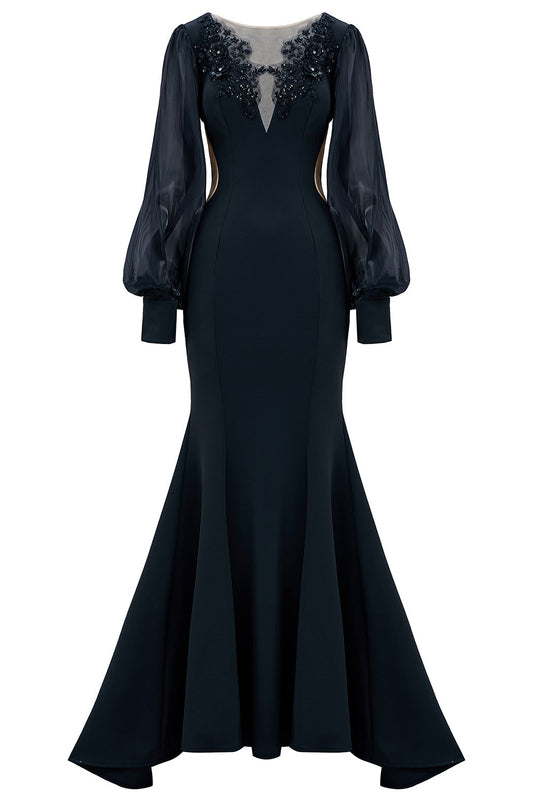 Black Mermaid Long Sleeve Mother of the Bride Dress with Appliques
