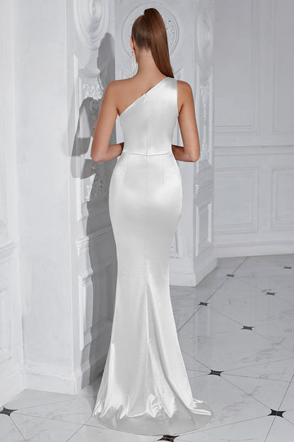 Yellow Mermaid One Shoulder Ruched Maxi Prom Dress with Slit