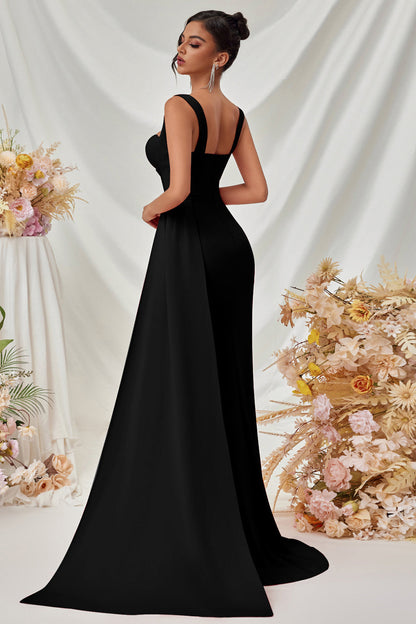 Maxi Thick Straps Mermaid Black Prom Dress with Slit