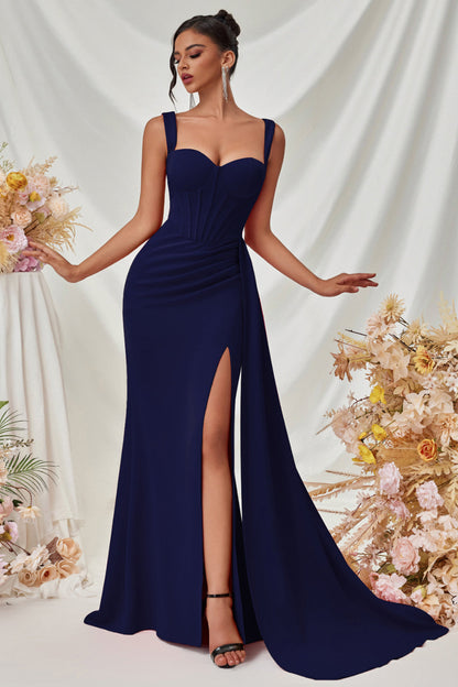 Maxi Thick Straps Mermaid Black Prom Dress with Slit