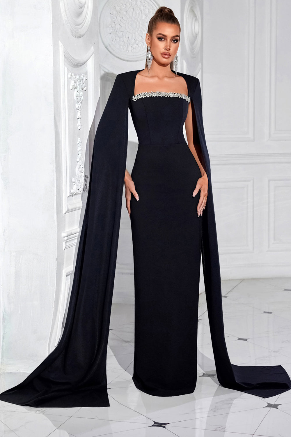 Black Sheath Long Prom Dress with Cape