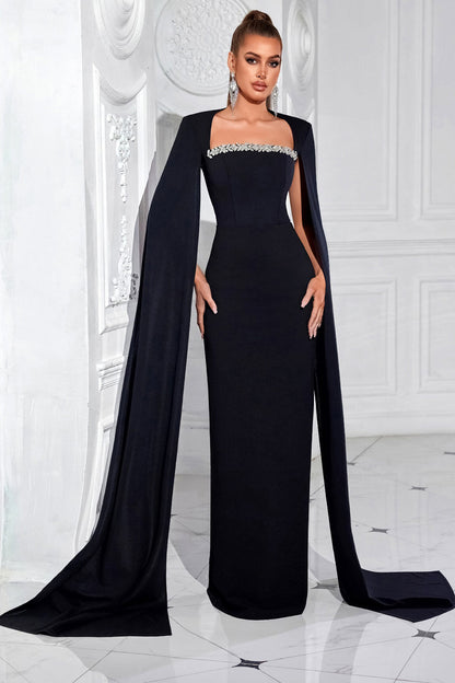 Black Sheath Long Prom Dress with Cape