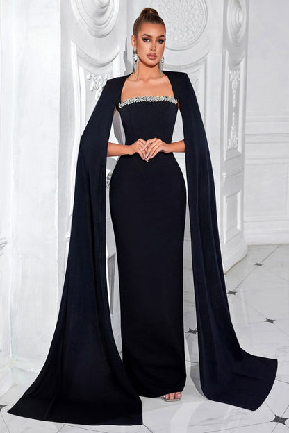 Black Sheath Long Prom Dress with Cape