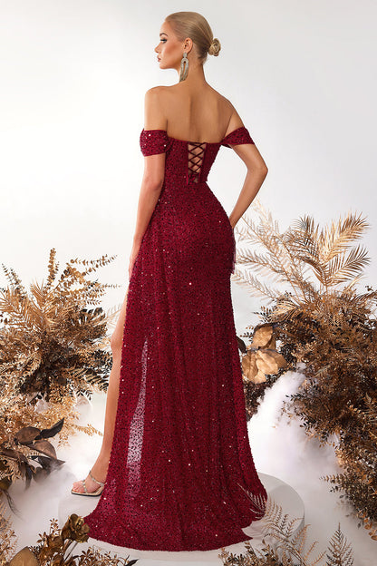 Sparkly Burgundy Corset Off the Shoulder Long Prom Dress with Slit